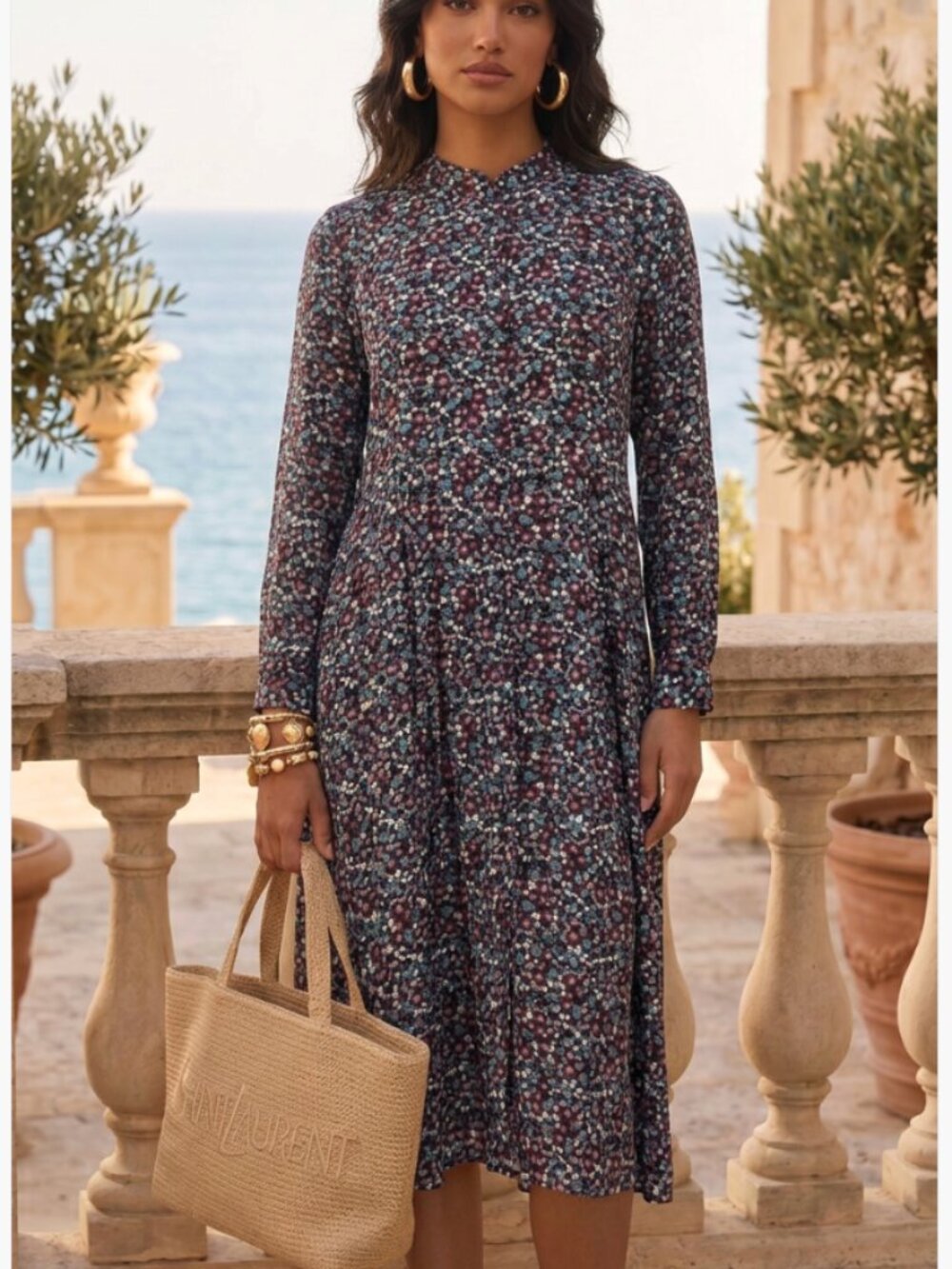 Zara ditzy floral prairie midi dress XL blue boho workwear